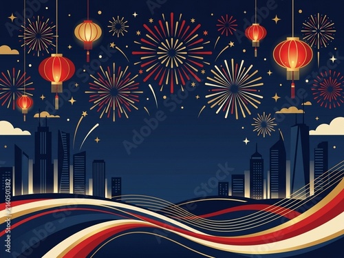 Vibrant celebration features fireworks and lanterns over a stylized cityscape with dynamic red and blue waves.