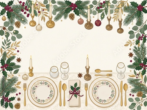 Elegant holiday table setting framed by pine branches and festive ornaments on white background.