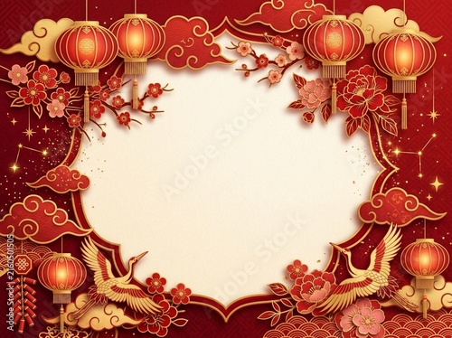 Intricate red envelope frame with gold accents highlights a blank space for festive event invitations.
