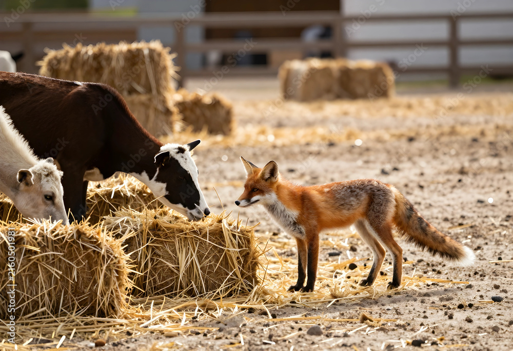 Naklejka premium Unusual animal interaction, red fox and calves near hay bales on a farm, wildlife and domestic animals together