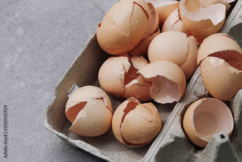 Canvas Print Broken brown eggshells fill carton