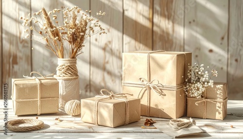 Rustic gift boxes wrapped in craft paper with twine and dried flowers.