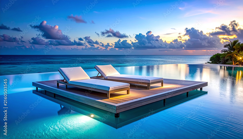 Obraz premium Experience ultimate tranquility at a luxury resort infinity pool overlooking the tropical ocean at twilight. Sunbeds on a wooden deck offer pure peaceful serenity with no people.