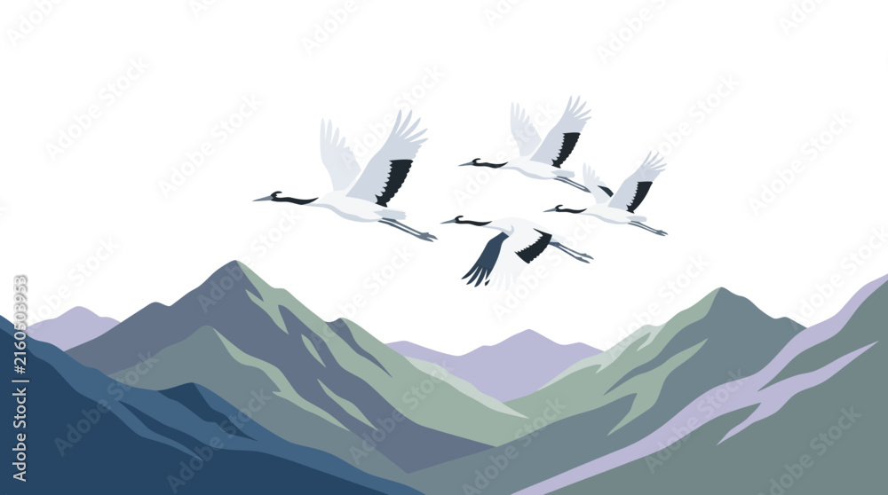 Naklejka premium Flat vector illustration of cranes flying over mountains