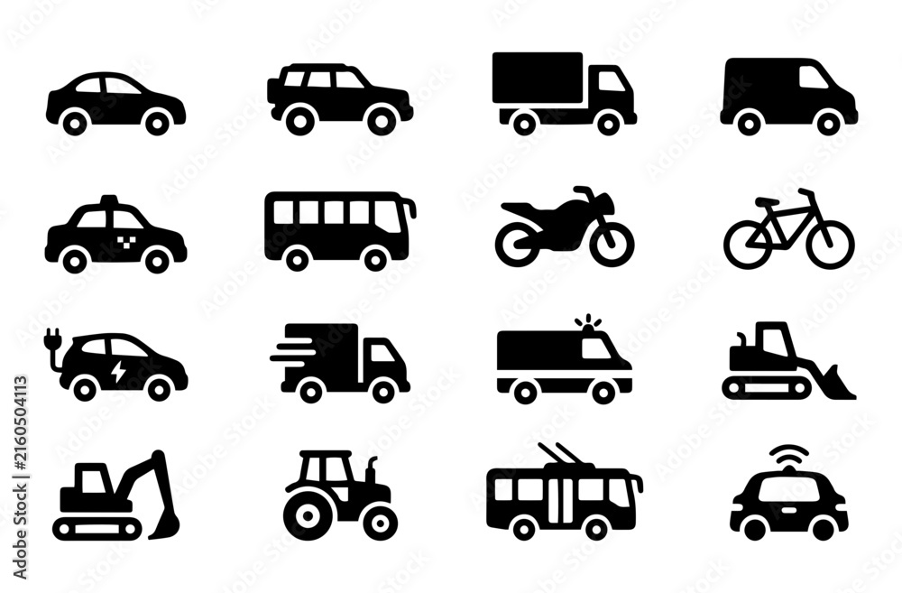 Obraz premium Transportation Service Vehicle Icon Set, Car Truck Bus Motorcycle Emergency and Construction Symbols