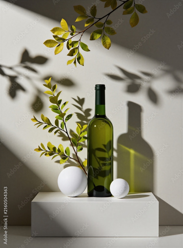 Fototapeta premium Green wine bottle on white stand with balls and yellow leaves. Shadows cast on wall from branch and bottle. Minimalist still life art composition with soft light and clean aesthetic.