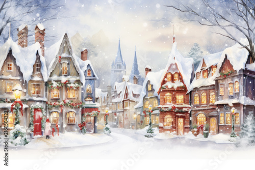 Watercolor Christmas village in snowfall. Colorful houses and snow covered street. Watercolor illustration.