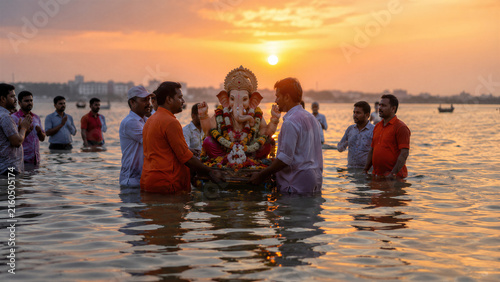 Indian men immerse a decorated Ganesha idol in a river at sunset during Anant Chaturdashi. Hindu festival ritual symbolizing devotion, farewell, and spiritual renewal.