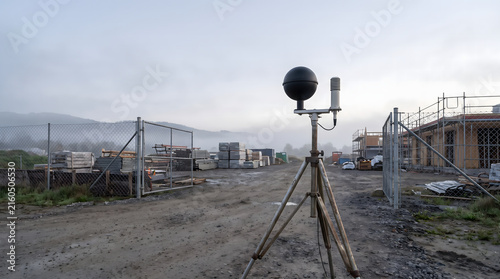 Environmental monitoring equipment on tripod at construction site