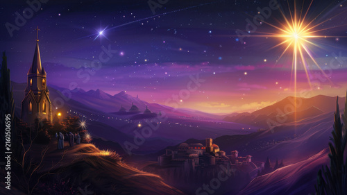 Celestial Star of Bethlehem and Nativity Scene Landscape. Dramatic digital painting depicting a brightly shining Star of Bethlehem over sprawling, mountainous biblical landscape.