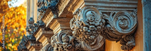 Architectural details of a Baroque palace originally built as a monastery in the 18th century, showcasing intricate design elements