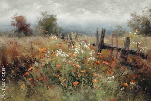 Impressionist style oil painting of flower meadow and rural landscape. Impasto painting. Brush strokes clearly visible