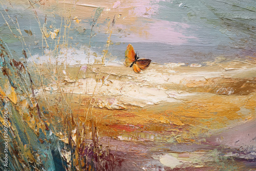 Impressionist style oil painting of a flying butterfly and grasses. Impasto painting. Brush strokes clearly visible.
