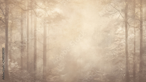 Aged parchment paper as background, empty center for writing, forest trees on edges, faded forest landscape.