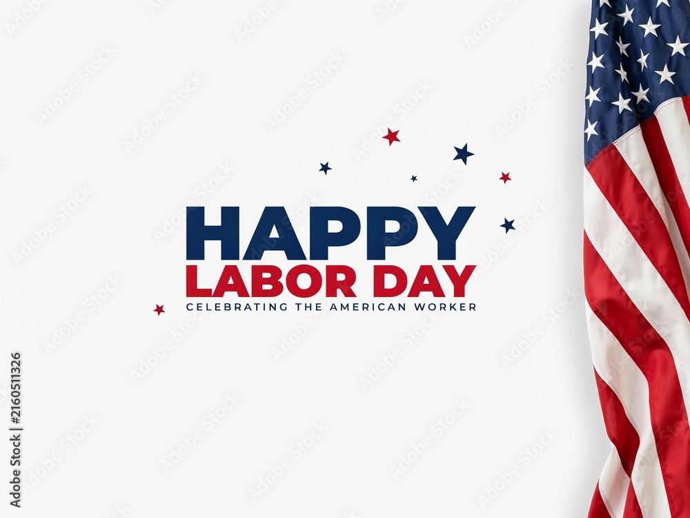 Fototapeta premium Happy Labor Day white banner with hanging American flag on border