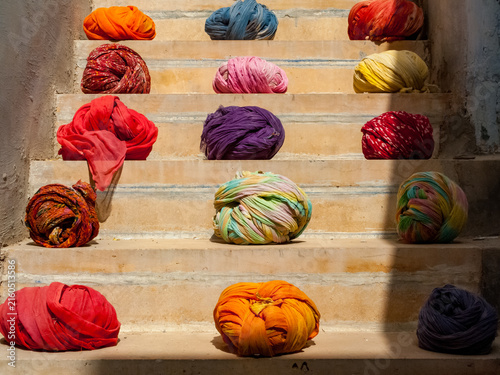 Colorful Indian head turbans on display at street market