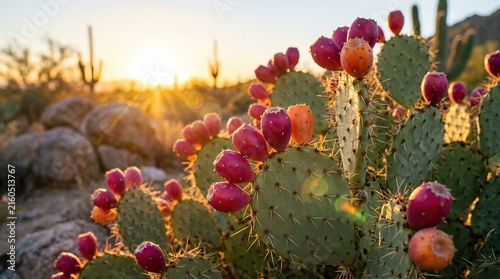 Vibrant prickly pear cactus with colorful fruits at sunset in desert landscape