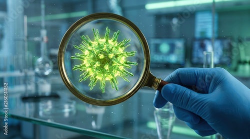 Intricate 3d virus model under magnifying glass in a laboratory setting