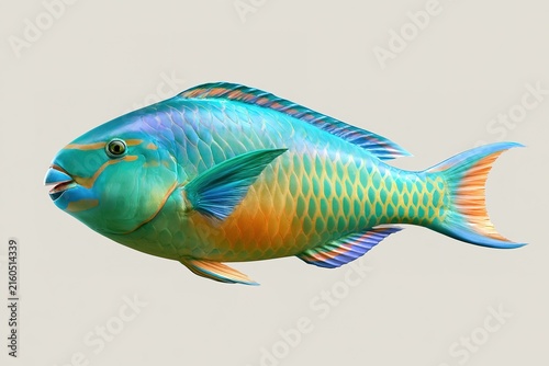 Colorful tropical parrotfish displaying vibrant teal and orange scales with distinct swimming posture on neutral background.