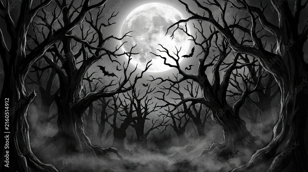 Fototapeta premium Eerie silhouetted forest under a full moon with dark trees with forest scene illuminated