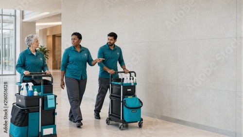Diverse cleaning staff discussing work while pushing supply carts through a modern commercial lobby.