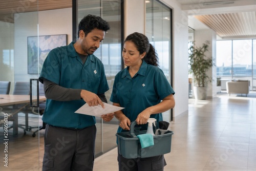 Male supervisor coordinating with female cleaner over facility plan in modern office.