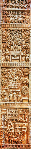 Multi-register Narrative Relief Panel on the Sanchi Torana depicting sacred Bodhi Tree worship, devotees, processions, architectural scenes, and everyday life from early Buddhist tradition, Sanchi