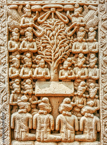 Aniconic Buddhist relief depicting the veneration of the sacred Bodhi Tree by devotees, celestial beings, serpent guardians, symbolizing the Enlightenment of the Buddha, from the Great Stupa, Sanchi