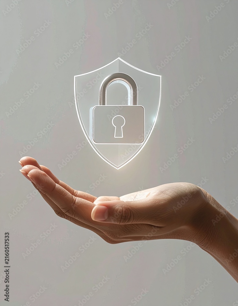 Fototapeta premium An open human hand gently holds a glowing shield with a padlock icon, evoking feelings of trust, confidence, and peace of mind for cyber security and digital data privacy concepts.