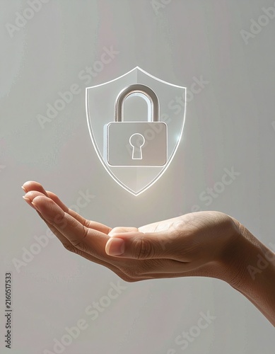 An open human hand gently holds a glowing shield with a padlock icon, evoking feelings of trust, confidence, and peace of mind for cyber security and digital data privacy concepts.