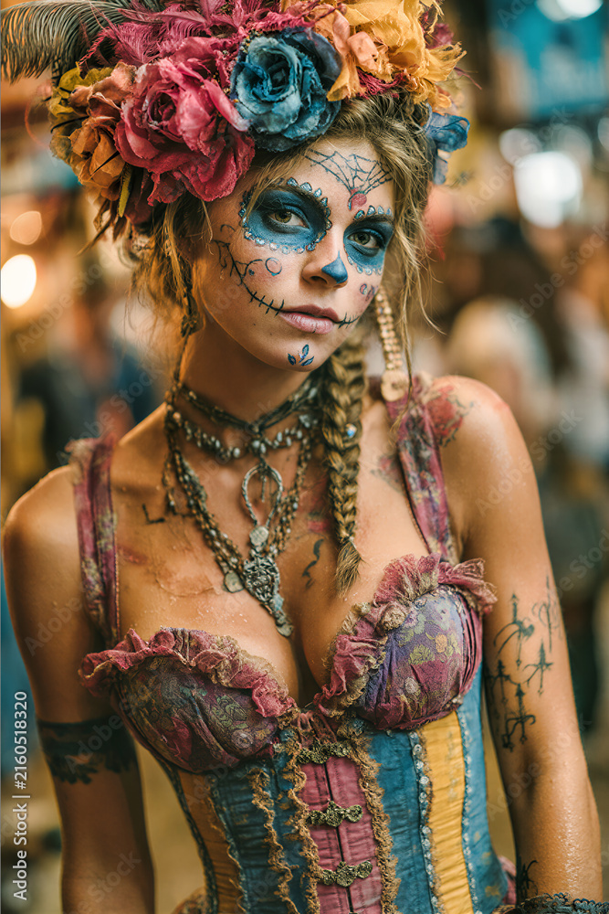 Fototapeta premium Woman with blue catrina skull face paint wearing floral crown and vintage corset costume with layered necklaces. Mexican carnival Dia de los Muertos or Day of the Dead Catrina.