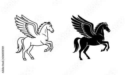 Картината върху платно Mythical Pegasus Horse Vector Icons, Winged Steed Silhouette, Fantasy Creature G