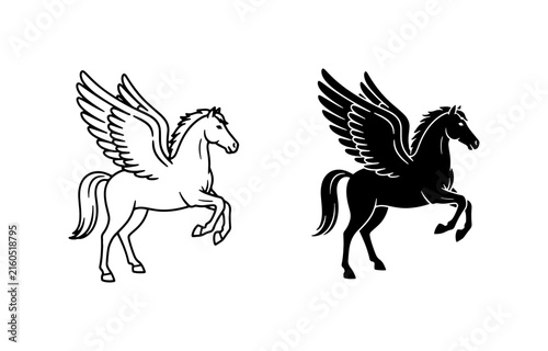 Foto Mythical Pegasus Horse Vector Icons, Black and White Winged Steed Graphics, Fant