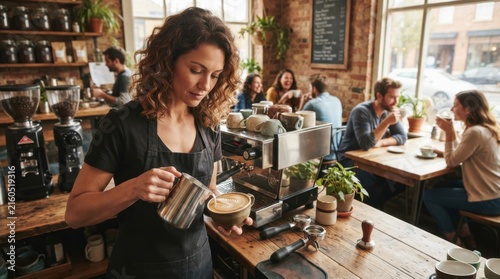 Barista Preparing Coffee in Cozy Cafe with Customers