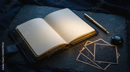 Open Notebook with Pen and Tarot Cards on Dark Background