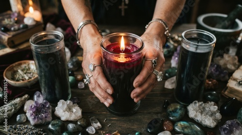 Hands Holding a Candle Surrounded by Crystals and Herbs