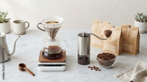 Coffee Brewing Setup with Freshly Ground Beans and Accessories