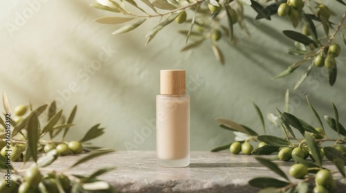Elegant Glass Skincare Bottle Surrounded by Olive Branches