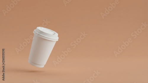 White Disposable Coffee Cup Floating on Brown Background