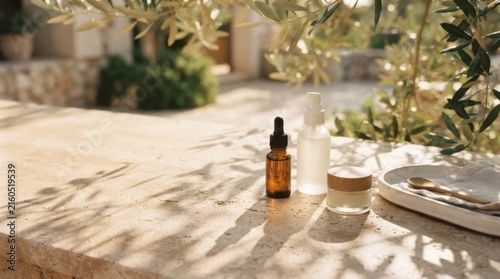 Assorted Skincare Products on a Sunlit Table with Greenery