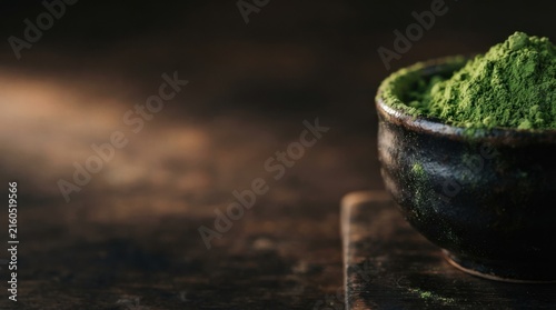 Bowl of Green Matcha Powder on Rustic Wooden Surface