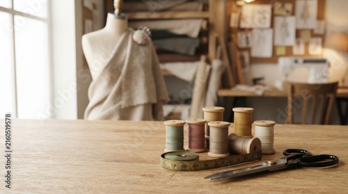 Sewing Supplies on Wooden Table in Cozy Workshop Setting