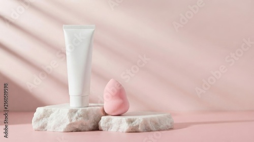 Beauty Products on Pink Background with Makeup Sponge