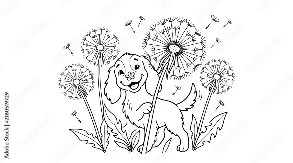 Fototapeta premium Two playful cartoon dogs surrounded by blooming daisies in black and white line art illustration