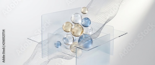 Abstract composition with transparent spheres and glass planes