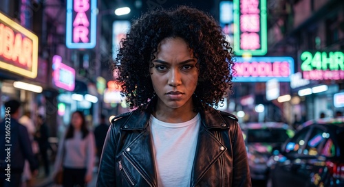 Portrait sérieux d’une jeune femme dans une ville illuminée la nuit