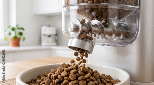 pet feeder dispensing kibble in clean kitchen setting with dog bowl and plant.