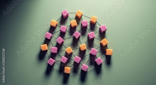 A collection of small colorful wooden cubes arranged in a cluster on a soft green background
