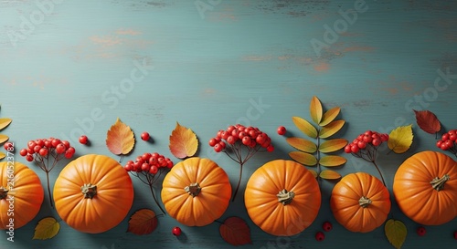 Top view of orange pumpkins and autumn leaves arranged on a rustic teal background with copy space
