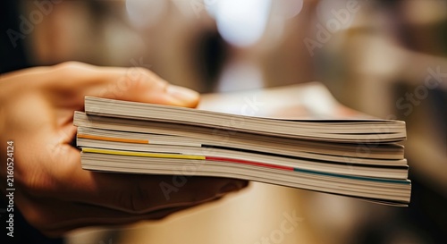 Close up of a person holding a stack of magazines or brochures in a library or bookstore